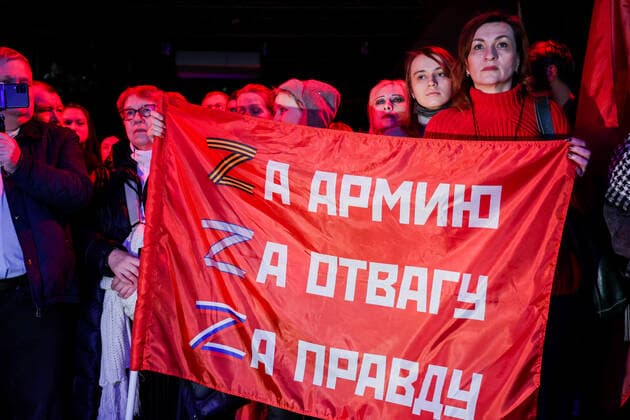 MOSCOW, RUSSIA â€“ MARCH 9, 2022: Spectators attend a concert in support of the Russian Army and a special operation in Ukraine, at the Sexton club. Early on 24 February, Russia s President Putin announced his decision to launch a special military operation after considering requests from the leaders of the Donetsk People s Republic and Lugansk People s Republic. Vyacheslav Prokofyev TASS  TS1271FE