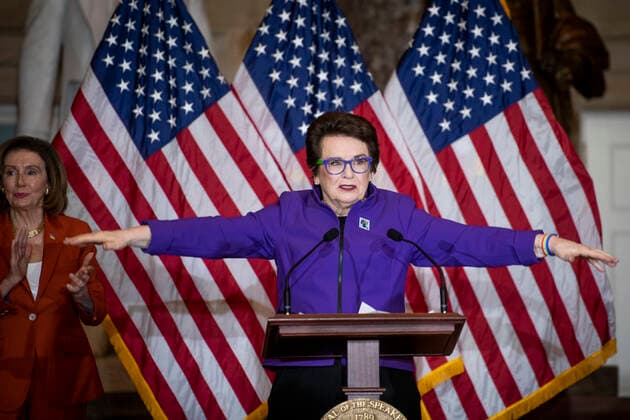 Tennis legend Billy Jean King offers remarks during an annual Women s History Month event honoringherself and Women Athletes in Celebration of the 50th Anniversary of Title IX, in Statuary Hall at the US Capitol in Washington, DC, Wednesday, March 9, 2022. Copyright: xRodxLamkeyx xCNPx MediaPunchx