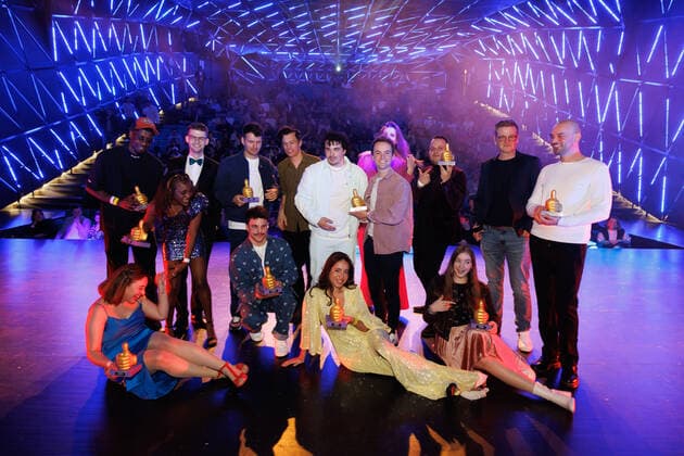 Several award winners pictured during the award ceremony for the Jamies, the Flemish online video awards, during the 14th edition of the Oostende Film Festival, in Oostende, Wednesday 09 March 2022.  KURTxDESPLENTER 19796305