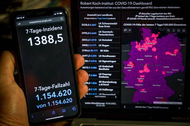 Coronavirus in Deutschland - Covid-19-Dashboard des Robert Koch-Institut 10.03.2022: Robert Koch-Institut: 7-Tage-Inzidenz 1288,5. 7-Tage-Fallzahl 1.154.620 COVID-19-Fälle 16.504.822 Zugang um 262.752 gegenüber dem Vortag. COVID-19-Todesfälle 125.023 Zugang um 259 gegenüber dem Vortag.