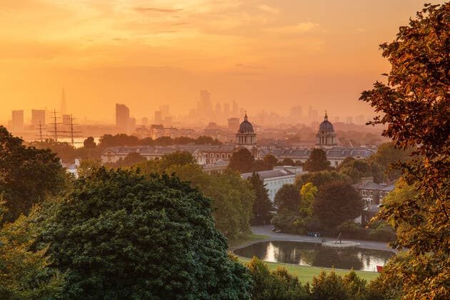 View of Greenwich Old Royal Naval College and London skyline at dusk, Greenwich, London, England, United Kingdom, Europe Copyright: EdxHasler 1284-296