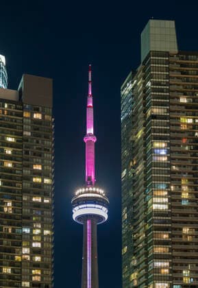 CN Tower at night framed by modern apartment blocks, Toronto, Ontario, Canada, North America Copyright: AlanxNovelli 1353-82