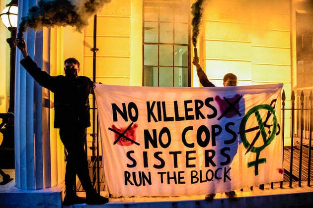 News Themen der Woche KW10 News Bilder des Tages March 12, 2022, London, United Kingdom: Protesters hold a banner outside Charing Cross police station as Sisters Uncut set off 1000 rape alarms during the demonstration. The protest was held to mark a year since the Clapham Common vigil for Sarah Everard, who was murdered by a serving Met police officer Wayne Couzens, and the controversy over the actions by the Met Police during a vigil held last year. London United Kingdom - ZUMAs197 20220312_zaa_s197_481 Copyright: xThaboxJaiyesimix