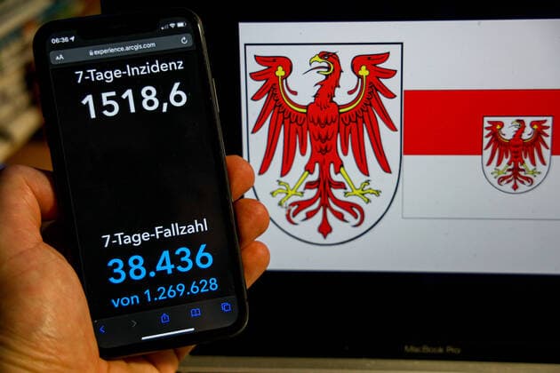 Coronavirus in Deutschland - Covid-19-Dashboard des Robert Koch-Institut DEU, Deutschland, Brandenburg 13.03.2022: Die 7-Tage-Inzidenz für das Bundesland (Fälle letzte 7 Tage 100.000 EW) wird auf einem iPhone angezeigt, im Hintergrund das Landeswappen