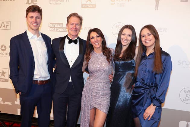 Peter Craymeersch (2L) and Sandra Bekkari (C) pictured during the award ceremony of the Ensors Flemish film prizes at the 14th Film Festival Oostende , Saturday 12 March 2022, in Oostende.  NICOLASxMAETERLINCK 21215995
