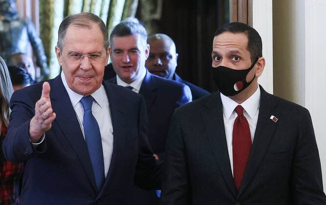 Bilder des Jahres 2022, News 03 MÃ¤rz News Themen der Woche KW10 MOSCOW, RUSSIA - MARCH 14, 2022: Russia s Foreign Minister Sergei Lavrov (L) and Qatar s Deputy Prime Minister and Foreign Minister Mohammed bin Abdulrahman bin Jassim Al Thani meet for talks at the Russian Foreign Ministry s Reception House. Alexander Shcherbak TASS  TS127A9F