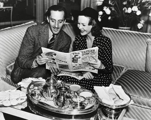 Basil Rathbone, Wendy Barrie reading The Tatler, a British magazine published by CondÃ Nast Publications focusing on fashion and lifestyle, as well as coverage of high society and politics, circa 1934. File Reference 34145-600THA  Copyright: xCinemaxLegacyxCollection ThexHollywoodxArchivex 34145-600THA