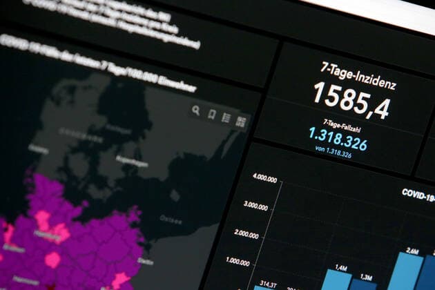 Dashboard des RKI, die 7-Tage-Inzidenz steigt weiter und liegt nun bei 1585,4 7-Tage-Inzidenz, Dashboard des RKI auf einem Monitor am 15.03.2022 in Siegen Deutschland.