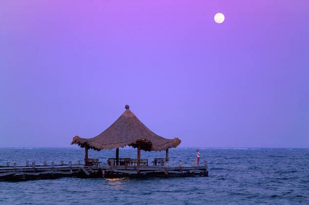 Mexico; Yucatan Peninsula; Caribbean; Riviera Maya; pier and moon 