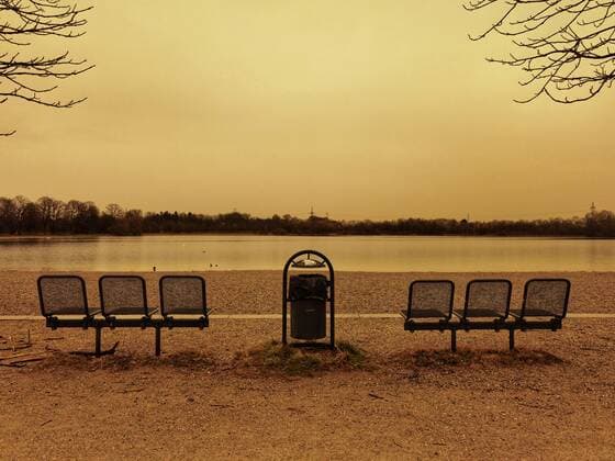 March 15, 2022, Munich, Bavaria, Germany: Scenes from the Langwieder Lakes in Munich, Germany as a cloud of Sahara Dust (Saharastaub) colors central Europe everything from orange to blood red to sepia brown. The source of the dust is revealed in the name: winds carry some 500 million tons of Sahara dust around the world, leading to such phenomena as blood rain. According to meteorologist Dominik Jung, this is the dryest March sind 1881. Munich Germany - ZUMAb160 20220315_zbp_b160_017 Copyright: xSachellexBabbarx