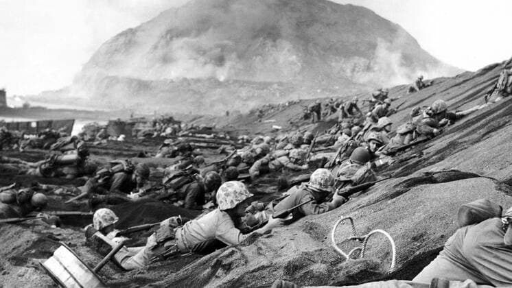 The invasion of Iwo Jima began on February 19, 1945, and continued to March 27, 1945. The battle was a major initiative of the Pacific Campaign of World War II. The Marine invasion was charged with the mission of capturing the airfields on the island, which up until that time had harried U.S. bombing missions to Tokyo. Once the bases were secured, they could then be of use in the impending invasion of the Japanese mainland.<br ><br > The battle was marked by some of the fiercest fighting of the War. The Imperial Japanese Army positions on the island were heavily fortified, with vast bunkers, hidden artillery, and 18 kilometres of tunnels.The battle was the first U.S. attack on the Japanese Home Islands and the Imperial soldiers defended th Supplier:xCPAxMediaxCo.xLtd. 1060_05_CPA0032073