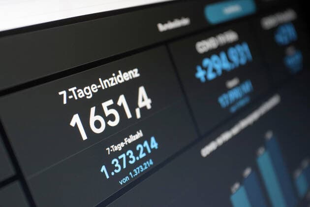 Dashboard des RKI, die 7-Tage-Inzidenz steigt weiter und liegt nun bei 1651,4 7-Tage-Inzidenz, Dashboard des RKI auf einem Monitor am 17.03.2022 in Siegen Deutschland.