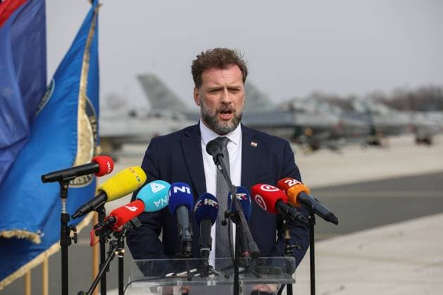 Two American F-16 fighter jets deployed to Pleso Air Base near Zagreb Croatian Minister of Defence Mario Banozic speaks on a press conference after a meeting with commander of the 31st Fighter Wing Brigadier at Aviano Air Base General Jason E. Bailey (not in picture) at Pk Marko Zivkovic Barracks at Pleso Airport in Zagreb, Croatia, on March 17, 2022. Two U.S. Air Force F-16 Fighting Falcon belonging to the 555th Fighter Squadron of the 31st Fighter Wing based at Aviano Air Base are being deployed to Croatia™s Air Base at Pleso Airport to execute a combat exercise with the Croatian Air Force 191st Fighter Squadron while supporting NATO s collective defense in Southeast Europe. RobertxAnic PIXSELL