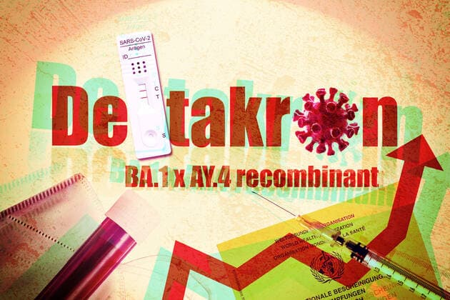 FOTOMONTAGE, Schriftzug Deltakron mit Coronavirus und positivem Schnelltest *** PHOTOMONTAGE, lettering Deltakron with coronavirus and positive rapid test ** NUR FUER REDAKTIONELLE ZWECKE ** EDITORIAL USE ONLY **