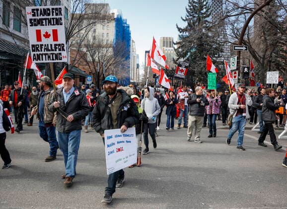 March 19, 2022, Calgary, AB, CANADA: Hundreds of demonstrators gather at city hall in Calgary, Alta., Saturday, March 19, 2022. Calgary CANADA  - ZUMAc35_ 20220319_zaf_c35_052 Copyright: xJeffxMcintoshx