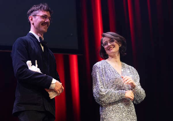 AArets Saer-Bodil gaar til Kenneth Ladekjaer og Jess Nicholls for Flugten. Bodilpriserne 2022 uddeles i Folketeatret i Koebenhavn, loerdag den 19. marts 2022.. , Copenhagen Denmark