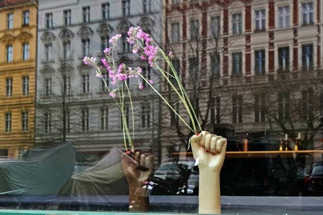 Blumen im Häusermeer Schaufensterwerbung in der Rykestraße in Berlin-Prenzlauer Berg Berlin-Prenzlauer Berg Berlin Deutschland