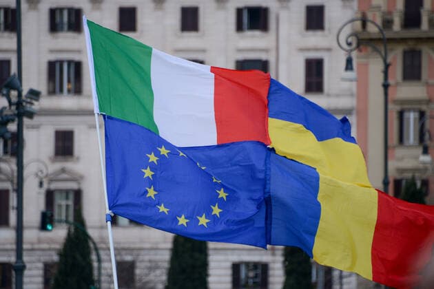 Flag during Together for Peace , anti-war demonstration in Piazza San Govanni, News in Rome, Italy, March 20 2022