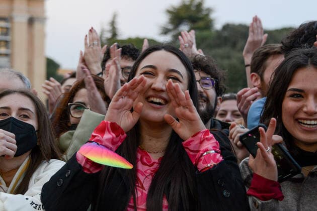 A demonstrator during Together for Peace , anti-war demonstration in Piazza San Govanni, News in Rome, Italy, March 20 2022