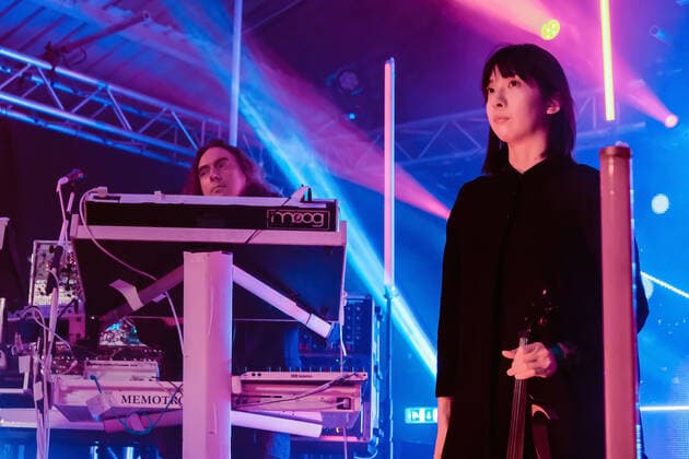 March 21, 2022, Southampton, Hampshire, United Kingdom: L-R Thorsten Quaeschning, bandleader and Yamane Hoshiko, Japanese born violinist, composer and performer on stage with German electronic band Tangerine Dream founded in 1967, performing live at the Engine Rooms, Southampton. Southampton United Kingdom - ZUMAs197 20220321_zaa_s197_175 Copyright: xDawnxFletcher-Parkx