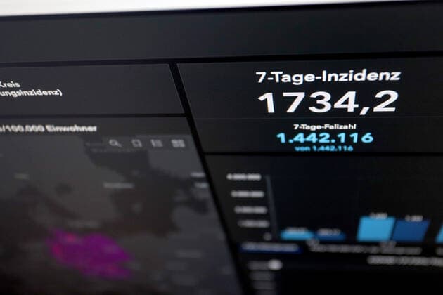 Dashboard des RKI, die 7-Tage-Inzidenz liegt nun bei 1734,2 7-Tage-Inzidenz, Dashboard des RKI auf einem Monitor am 23.03.2022 in Siegen Deutschland.
