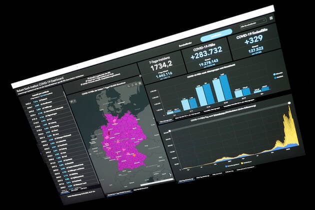 Dashboard des RKI, die 7-Tage-Inzidenz liegt nun bei 1734,2 7-Tage-Inzidenz, Dashboard des RKI auf einem Monitor am 23.03.2022 in Siegen Deutschland.