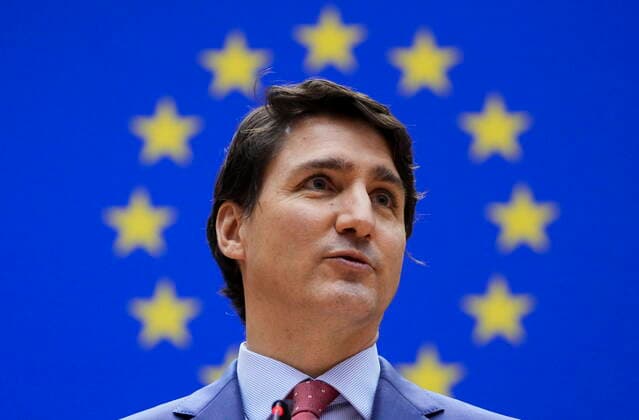 News Themen der Woche KW12 News Bilder des Tages Ukraine-Konflikt, Kanadas Premierminister Justin Trudeau spricht vor dem EU-Parlament in Brüssel March 23, 2022, Brussels, Belgium: Prime Minister Justin Trudeau addresses the European Parliament in Brussels, Belgium on Wednesday, March 23, 2022. Brussels Belgium  - ZUMAc35_ 20220323_zaf_c35_015 Copyright: xSeanxKilpatrickx