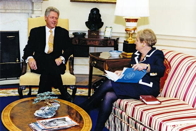 September 8, 1997, Washington, District of Columbia, USA: United States President Bill Clinton meets US Secretary of State Madeleine Albright in the Oval Office of the White House in Washington, DC on September 8, 1997..Mandatory Credit: White House via CNP Washington USA - ZUMAs152 19970908_zaa_s152_002 Copyright: xSharonxFarmerx