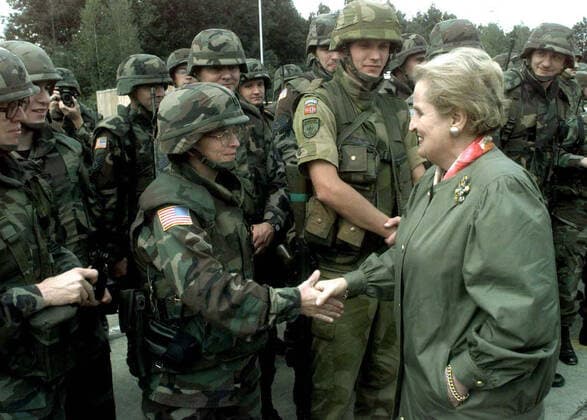 Aug. 30, 1998 - Tuzla Air Base, BIH - 980830-A-5342B-001..U.S. Secretary of State Madeleine Albright greets the troops at Tuzla Air Base, Bosnia and Herzegovina, during her visit on Aug. 30, 1998. The troops are deployed to Tuzla in support of Operation Joint Forge. DoD Sgt. Joseph M Billups, U.S. Army. (Released) Tuzla Air Base BIH  - ZUMAg49_ 19980830_gaf_g49_014 Copyright: xGlobexPhotosx
