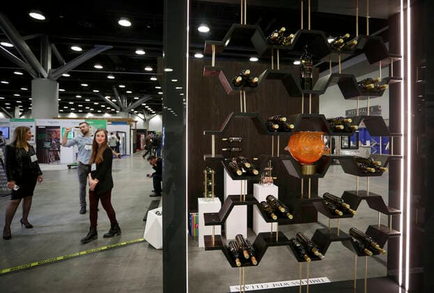 (220323) -- VANCOUVER, March 23, 2022 -- Wine cellar products are displayed during the 2022 BUILDEX show in Vancouver, British Columbia, Canada, on March 23, 2022. As one of Canada s largest conferences and trade shows for building industry, the 2022 BUILDEX Vancouver kicked off on Wednesday, showcasing the latest building materials, products and technologies. (Photo by Xinhua) CANADA-VANCOUVER-2022 BUILDEX SHOW LiangxSen 