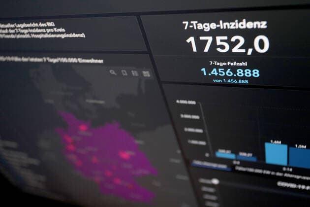 Dashboard des RKI, die 7-Tage-Inzidenz liegt nun bei 1752,0 7-Tage-Inzidenz, Dashboard des RKI auf einem Monitor am 24.03.2022 in Siegen Deutschland.