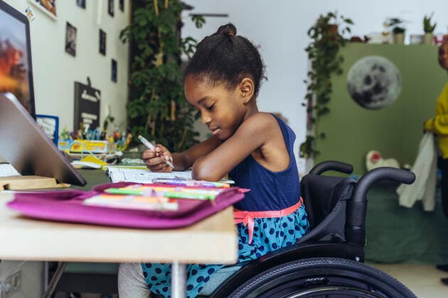 Disabled girl studying at desk in bedroom model released property released, MFF08429