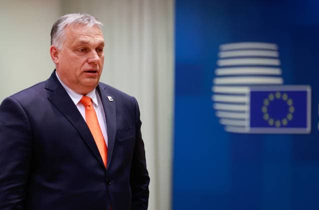 (220325) -- BRUSSELS, March 25, 2022 -- Hungarian Prime Minister Viktor Orban arrives for the meeting of European Union (EU) leaders in Brussels, Belgium, March 24, 2022. Hungary strongly opposes sanctions against Russian energy sector, Prime Minister Viktor Orban said on Wednesday ahead of a two-day meeting of European Union (EU) leaders in Brussels. (European Union Handout via Xinhua) BELGIUM-BRUSSELS-HUNGARIAN PM-EU-SUMMIT ZhangxCheng 