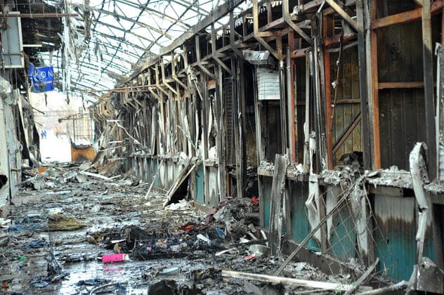Consequences of shelling in Sievierodonetsk SIEVIERODONETSK, UKRAINE - MARCH 14, 2022 - The market stalls show after the shelling of Russian troops, Sievierodonetsk, Luhansk Region, eastern Ukraine. Sievierodonetsk Luhansk Region Ukraine  Copyright: xAlbertxKoshelevx originalFilename: ukrinform-conseque220314_npJqp.jpg