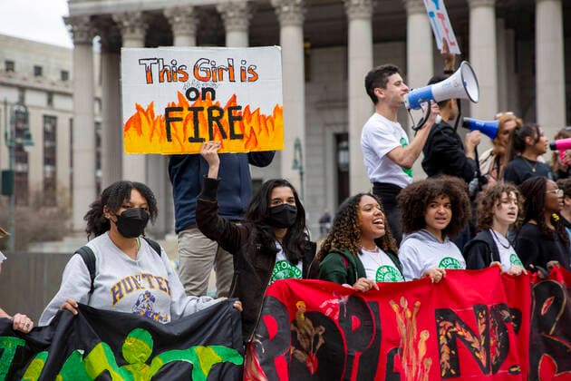 March 25, 2022, New York, New York, USA: In New York City youth climate activists held a march over the Brooklyn Bridge and a rally at Foley Square in ManhattanÃ¢â‚¬â ¢s Civic Center in solidarity with the Fridays For Future global day of climate action. Protesters call on NY elected officials to end the construction of the North Brooklyn Pipeline and to pass the Climate CanÃ¢â‚¬â ¢t Wait state package of legislation. New York USA - ZUMAr174 20220325_znp_r174_022 Copyright: xGinaxMxRandazzox