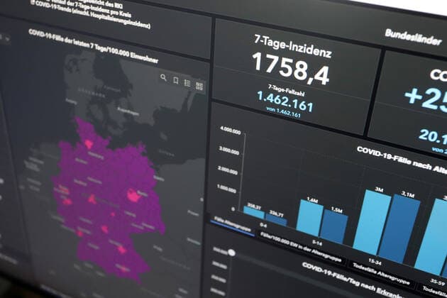Dashboard des RKI, die 7-Tage-Inzidenz liegt nun bei 1758,4 7-Tage-Inzidenz, Dashboard des RKI auf einem Monitor am 26.03.2022 in Siegen Deutschland.