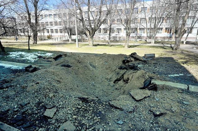 SIEVIERODONETSK, UKRAINE - MARCH 23, 2022 - A crater is seen on the ground after the shelling of Russian invaders, Sievierodonetsk, Luhansk Region, eastern Ukraine. Sievierodonetsk during Russian invasion  Copyright: xAlbertxKoshelevx