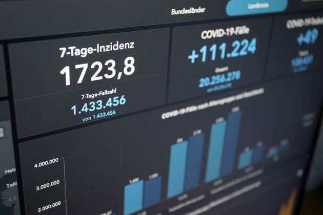 Dashboard des RKI, die 7-Tage-Inzidenz liegt nun bei 1723,8 7-Tage-Inzidenz, Dashboard des RKI auf einem Monitor am 27.03.2022 in Siegen Deutschland.