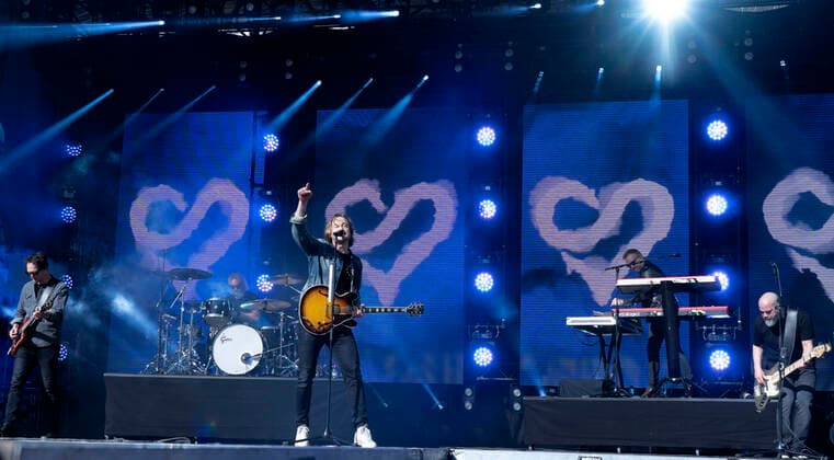 Riku Rajama, Sami Osala, Samu Haber, Osmo Ikonen und Raul Ruutu von Sunrise Avenue live auf dem SnowpenAir Festival beim Grindelwald Terminal. Grindelwald, 26.03.2022