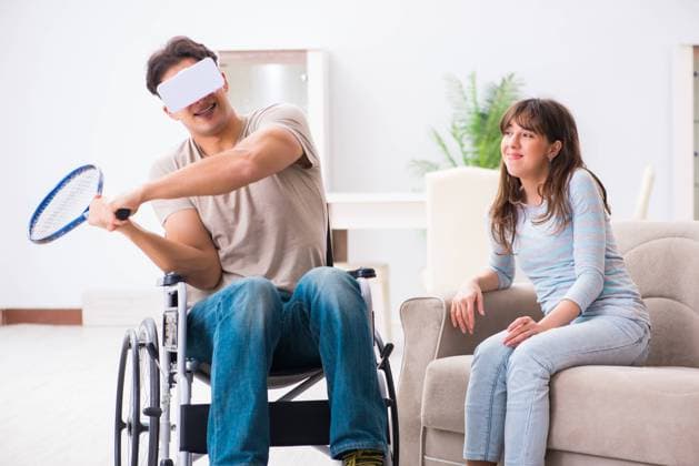 Disabled man with virtual glasses, model released, , property released, , 33281578.jpg, accident, care, crash, cyberspace, disabled, game, gaming, glasses, goggles, healthcare, home, injured, injury, invalid, medical, patient, reality, recovering, recovery, rehabilitation, sick, suffering, surgery, trauma, treatment, virtual, vision, vr, technology, man, leisure, wheelchair, handicapped, disability, woman, couple, wife, nurse, sports, tennis, player, playing, racket, racquet, happy, enjoying, relaxing, caregiver, supporting, assisting,