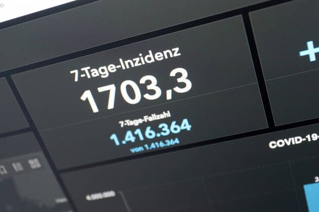 Dashboard des RKI, die 7-Tage-Inzidenz liegt nun bei 1703,3 7-Tage-Inzidenz, Dashboard des RKI auf einem Monitor am 29.03.2022 in Siegen Deutschland.