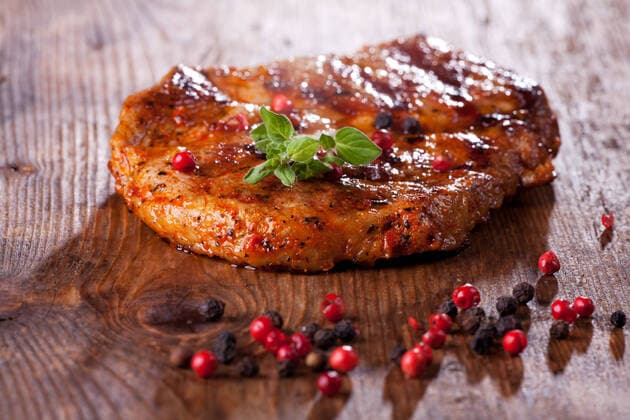 pork steak with pepper corns on wood, model released, , property released, , 33395514.jpg, pork, meat, steak, pepper, corn, wood, red, black, brown, grilled, barbecue, bbq, spice, herb, oregano, marjoram, plank, wooden, studio, roasted, tasty, delicious, juicy, beef, cooked, nutrition, closeup, macro, close-up, nobody, marinated, burning, mark, medium, twig, garnish,