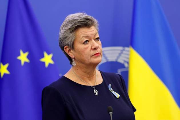 Ylva Johansson bei einer Pressekonferenz im Europäischen Parlament. Straßburg, 08.03.2022 Frankreich *** Ylva Johansson at a press conference in the European Parliament Strasbourg, 08 03 2022 France Copyright: xChristophxHardtx