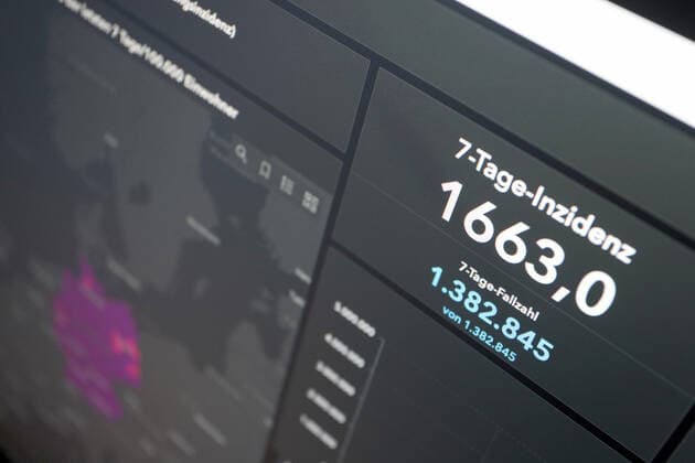 Dashboard des RKI, die 7-Tage-Inzidenz liegt nun bei 1663,0 7-Tage-Inzidenz, Dashboard des RKI auf einem Monitor am 30.03.2022 in Siegen Deutschland.