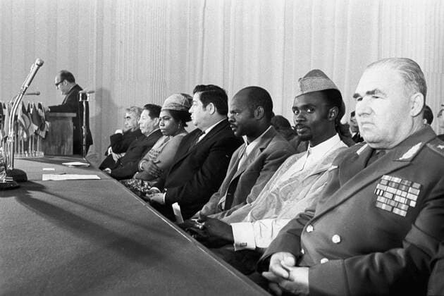 At Conference 631042 01.09.1971 During the third conference of the Soviet Association of Friendship with Peoples of Africa. Vasily Solodovnikov, President of the Soviet Association, Director of the Institute for African Studies (IAS), corresponding member of the Academy of Sciences of the USSR speaking. Guests from African countries are on the platform. Alexander Sputnik Moscow Russia  Copyright: xAlexanderx