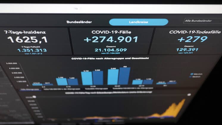 Dashboard des RKI, die 7-Tage-Inzidenz liegt nun bei 1625,1 7-Tage-Inzidenz, Dashboard des RKI auf einem Monitor am 31.03.2022 in Siegen Deutschland.