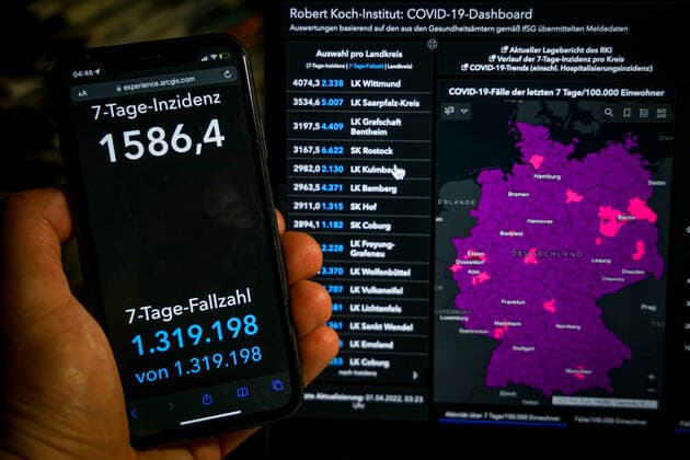 Coronavirus in Deutschland - Covid-19-Dashboard des Robert Koch-Institut 01.04.2022: Robert Koch-Institut: 7-Tage-Inzidenz 1586,4. 7-Tage-Fallzahl 1.319.198 COVID-19-Fälle 21.357.039 Zugang um 252.430 gegenüber dem Vortag. COVID-19-Todesfälle 129.695 Zugang um 304 gegenüber dem Vortag.