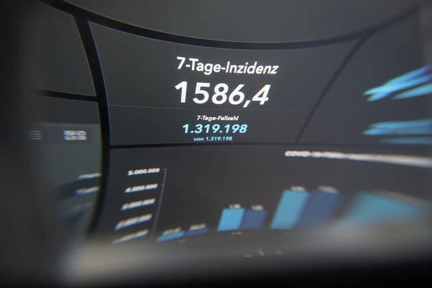Dashboard des RKI, die 7-Tage-Inzidenz liegt nun bei 1586,4 7-Tage-Inzidenz, Dashboard des RKI auf einem Monitor am 01.04.2022 in Siegen Deutschland.