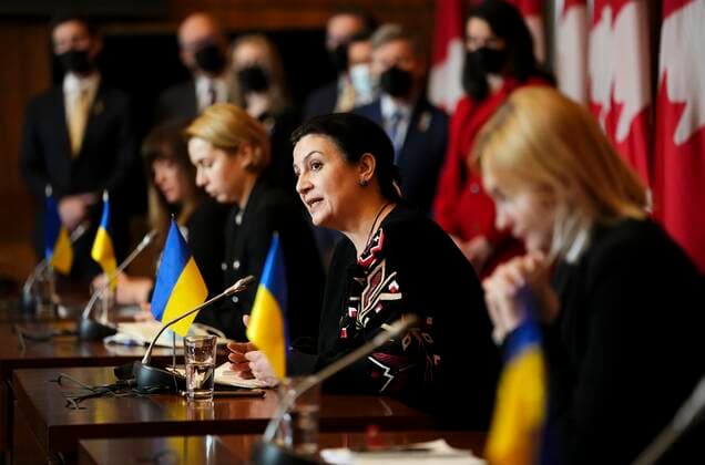 April 1, 2022, Ottawa, Ontario, Canada: Ukrainian member of Parliament Ivanna Klympush-Tsintsadze, second from right, speaks during a press conference as she joins fellow Ukrainian members of Parliament visiting Ottawa on Friday, April 1, 2022. Ottawa Canada  - ZUMAc35_ 20220401_zaf_c35_006 Copyright: xThexCanadianxPressx