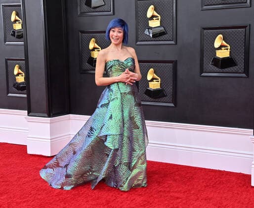Jennifer Koh arrives for the 64th annual Grammy Awards at the MGM Grand Garden Arena in Las Vegas, Nevada on Sunday, April 3, 2022.  LAV20220403192 JIMxRUYMEN